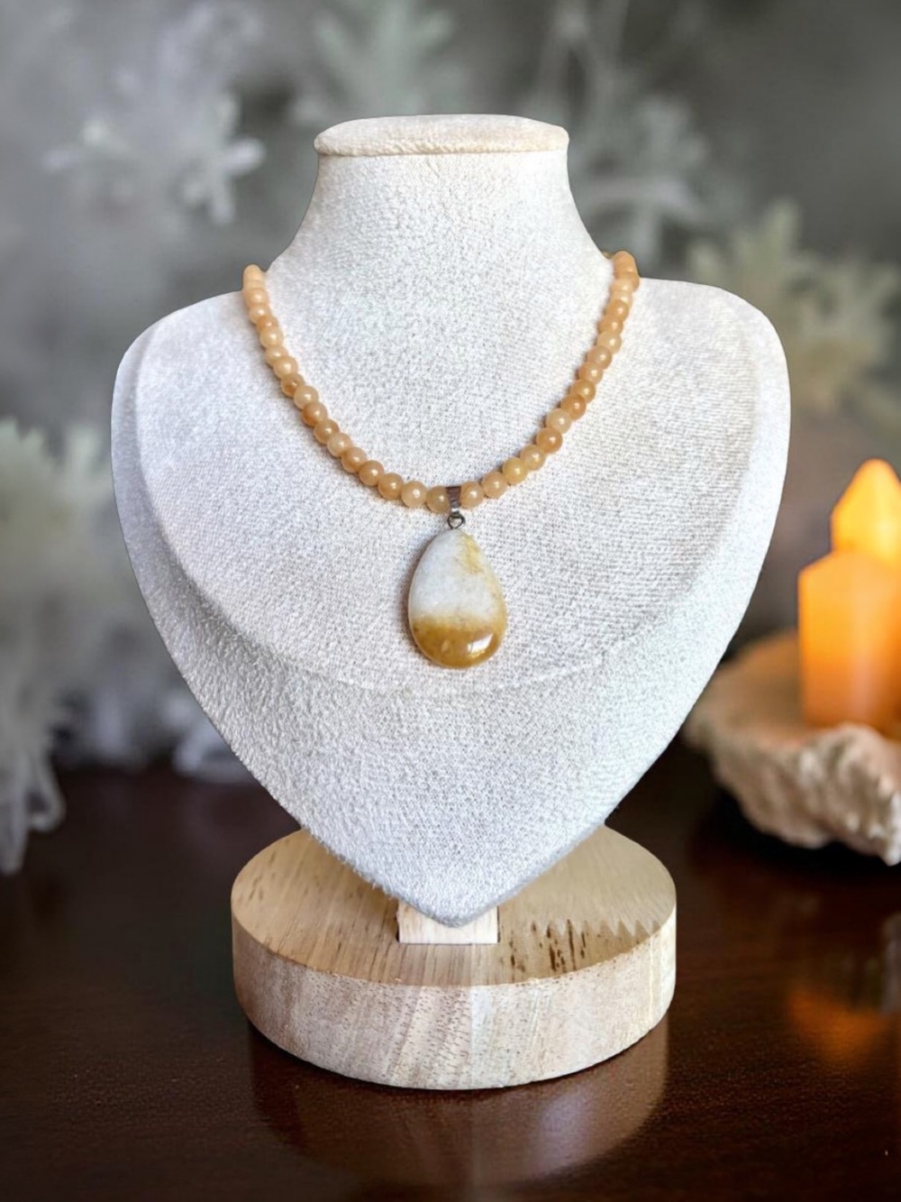 One-of-a-kind Beige Agate Teardrop Pendant Necklace - Natural Beige Beaded